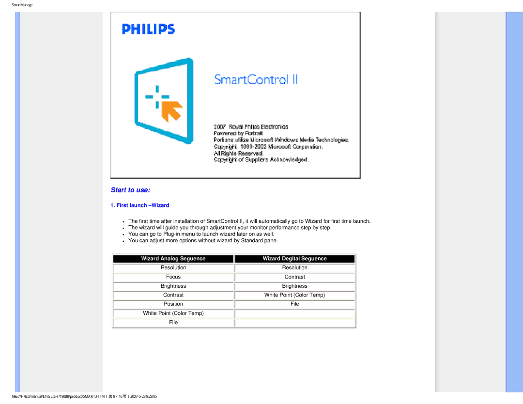 Philips 190B8CB user manual Start to use, First launch -Wizard 