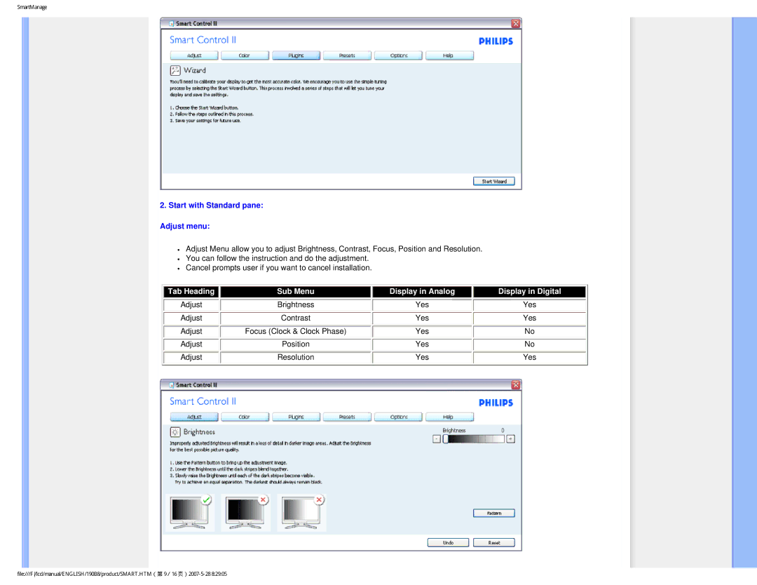 Philips 190B8CB user manual Start with Standard pane Adjust menu, Display in Digital 