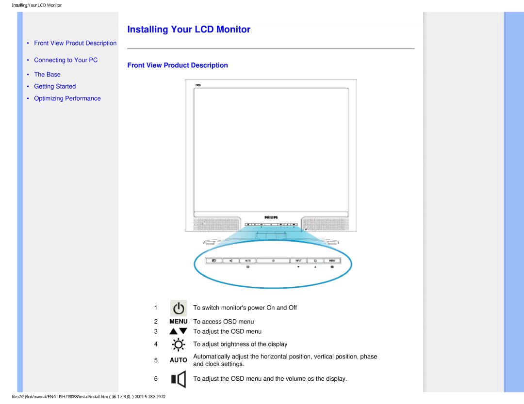 Philips 190B8CB user manual Installing Your LCD Monitor, Front View Product Description 