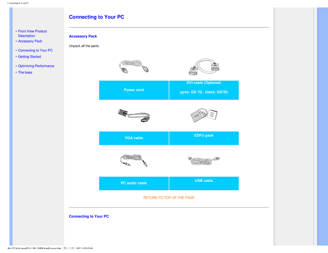 Philips 190B8CB user manual Accessory Pack, Connecting to Your PC 