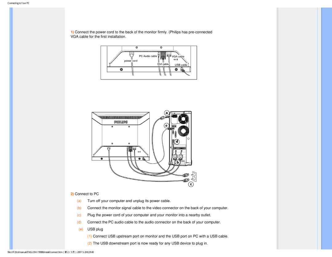 Philips 190B8CB user manual Connecting to Your PC 