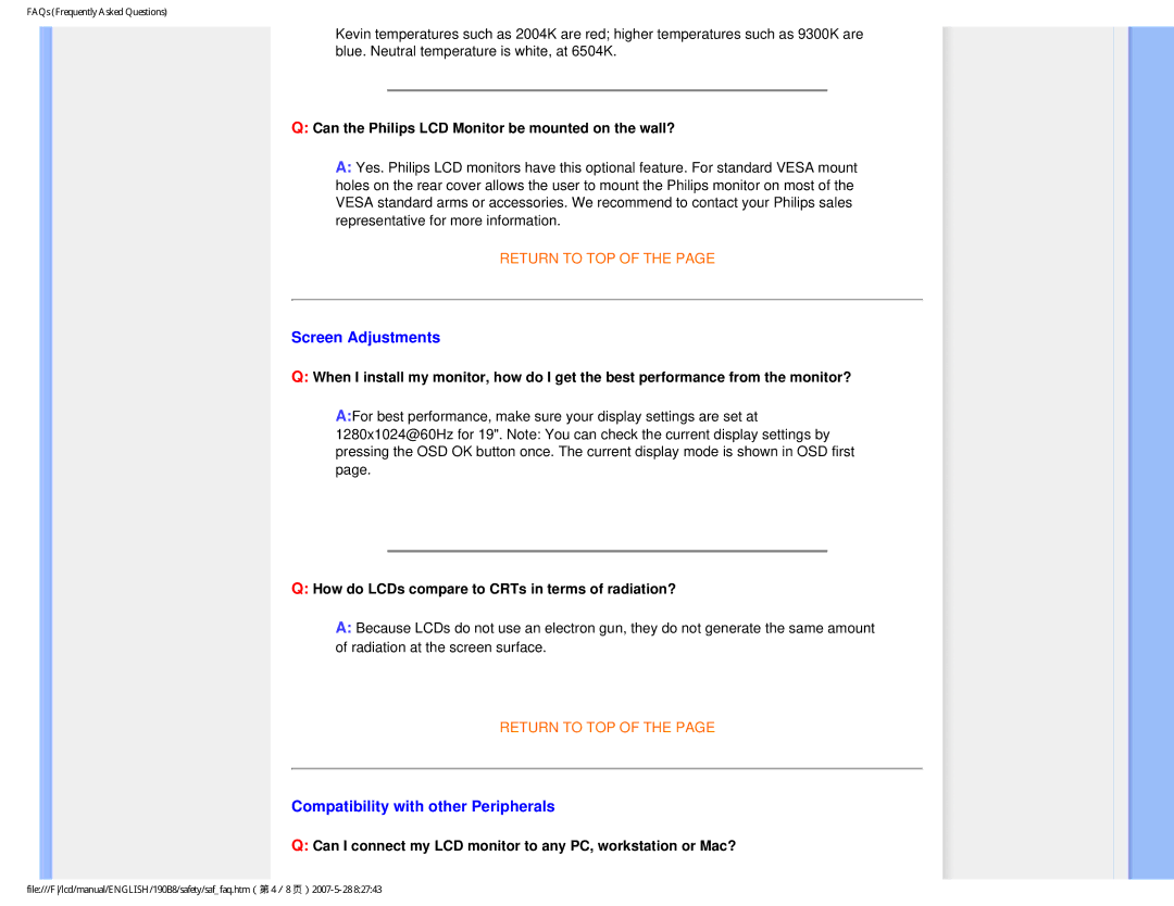 Philips 190B8CB user manual Screen Adjustments, Compatibility with other Peripherals 