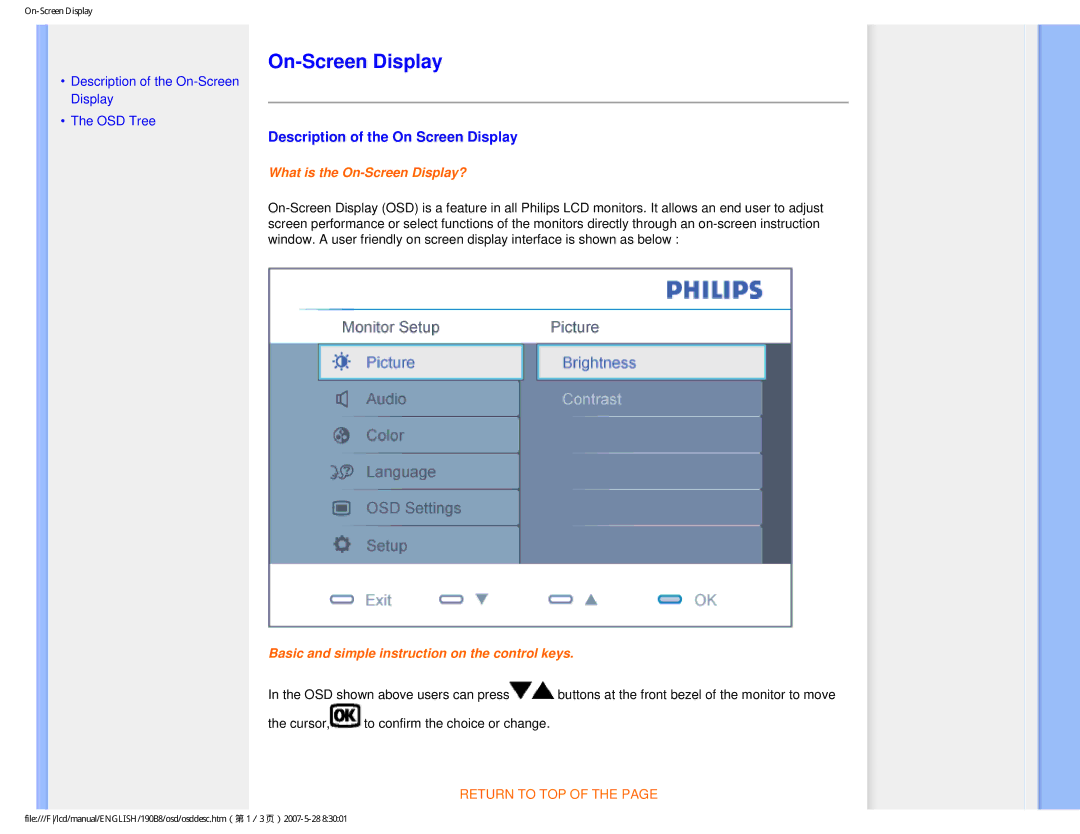 Philips 190B8CB user manual On-Screen Display, Description of the On Screen Display 