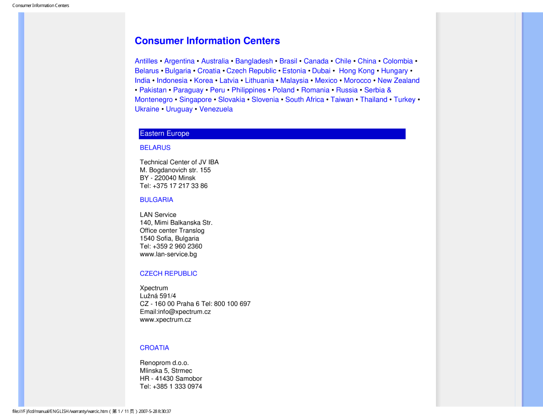 Philips 190B8CB user manual Consumer Information Centers, Belarus, Bulgaria, Czech Republic, Croatia 