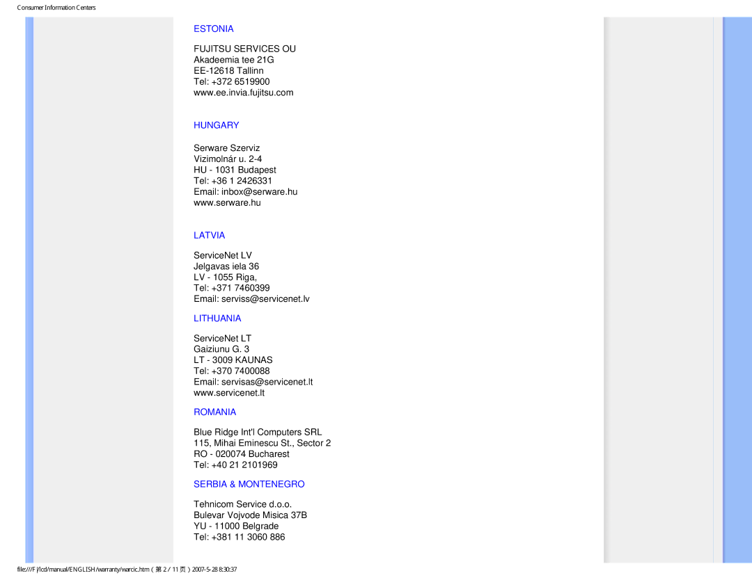 Philips 190B8CB user manual Estonia, Hungary, Latvia, Lithuania, Romania, Serbia & Montenegro 