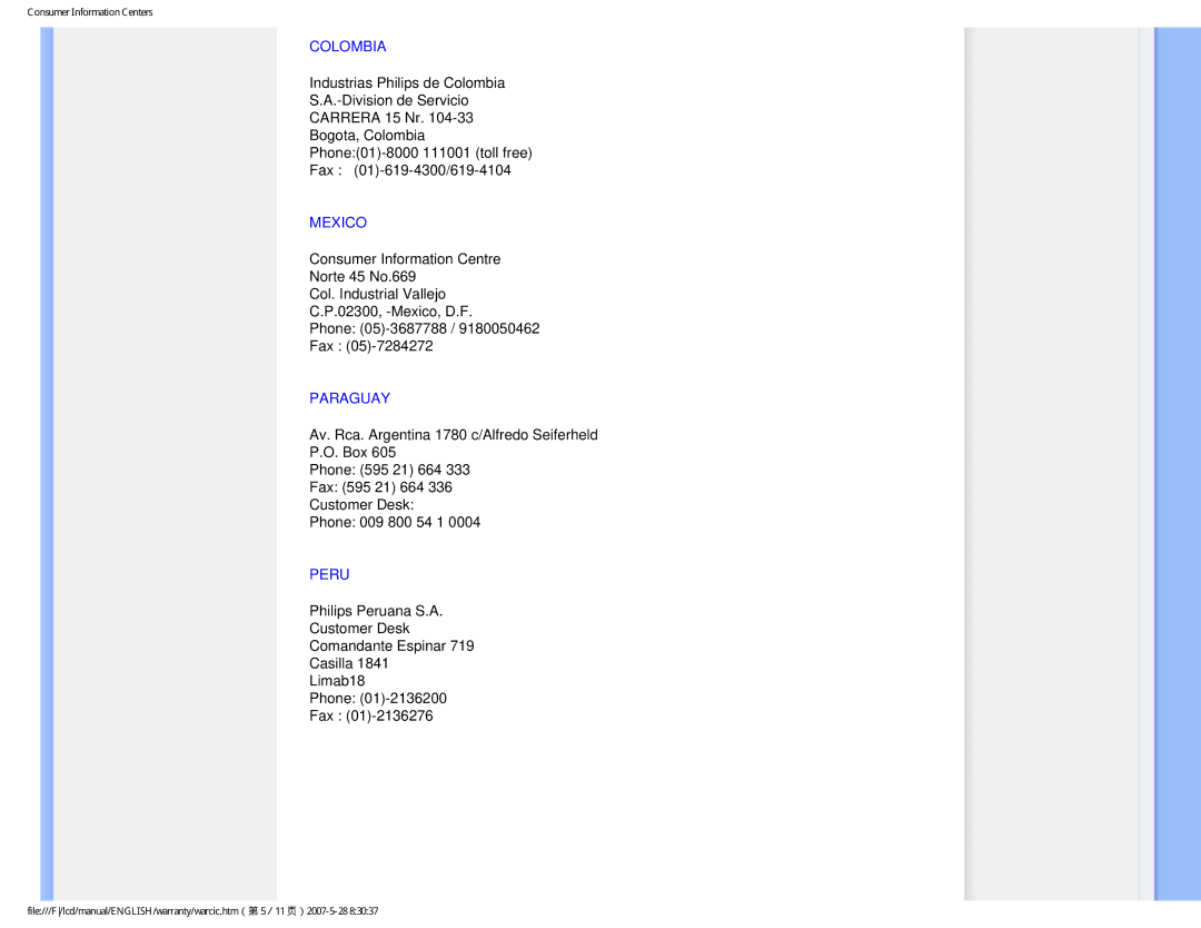 Philips 190B8CB user manual Colombia, Mexico, Paraguay, Peru 