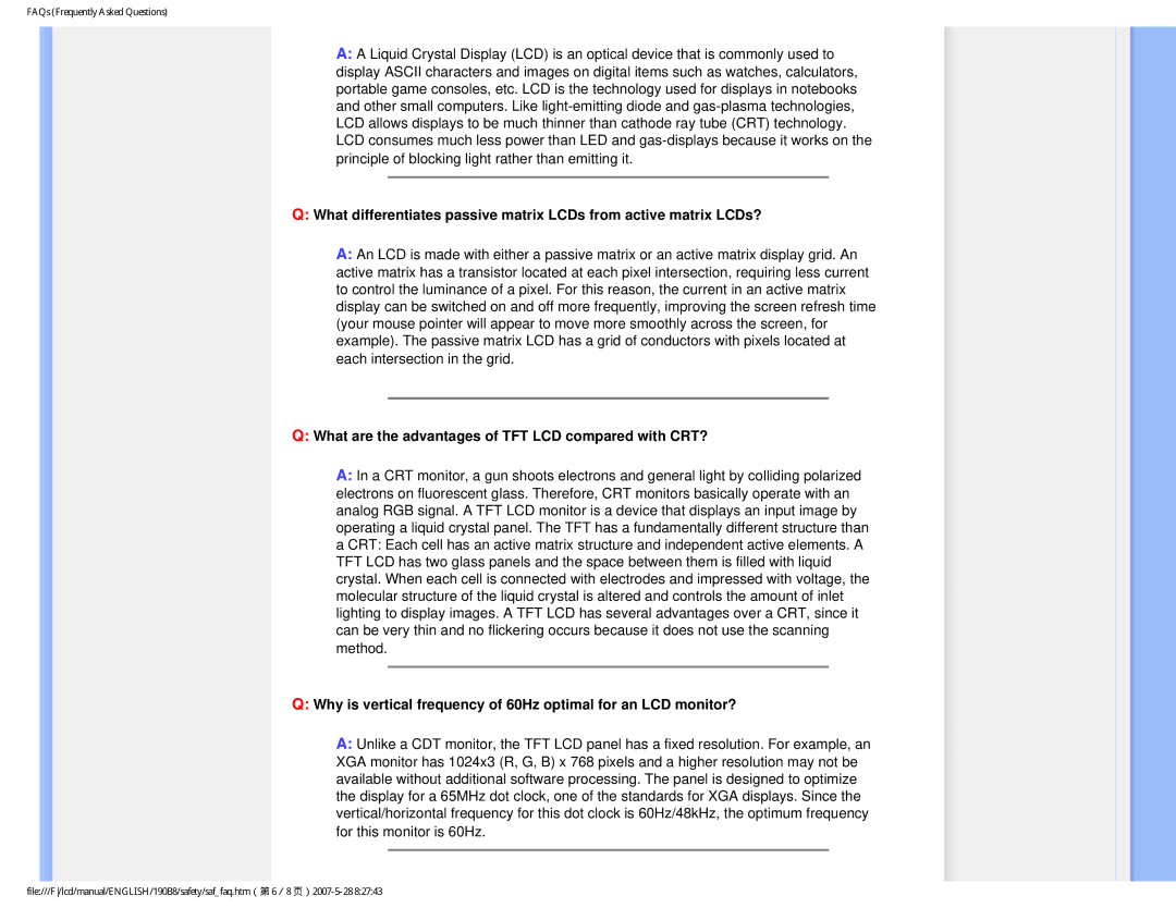 Philips 190B8CB user manual What are the advantages of TFT LCD compared with CRT? 