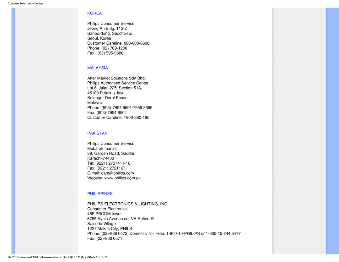 Philips 190B8CB user manual Korea, Malaysia, Pakistan, Philippines 