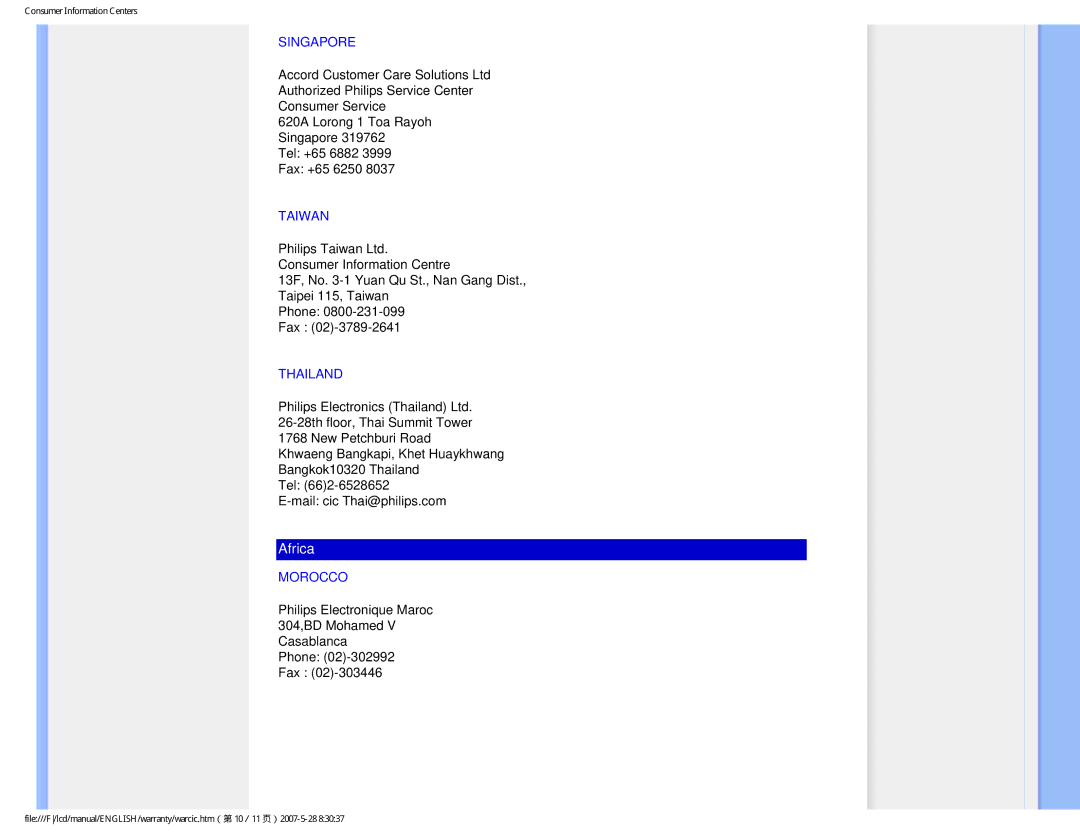 Philips 190B8CB user manual Singapore, Taiwan, Thailand, Morocco 