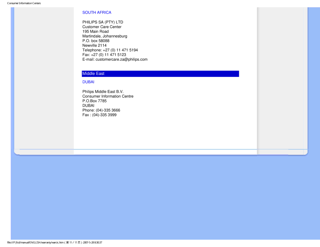 Philips 190B8CB user manual South Africa, Dubai 