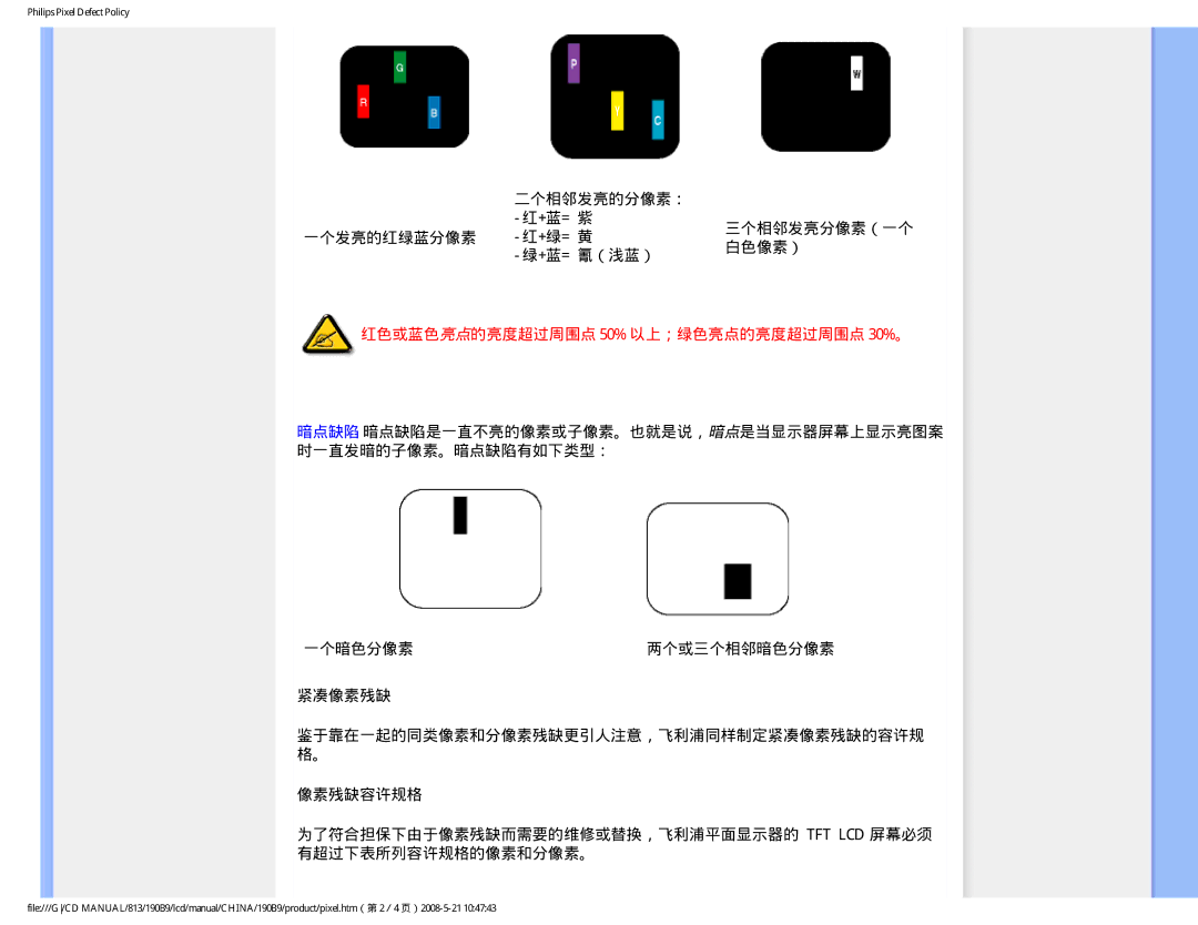 Philips 190B9 user manual 一个暗色分像素, 紧凑像素残缺 