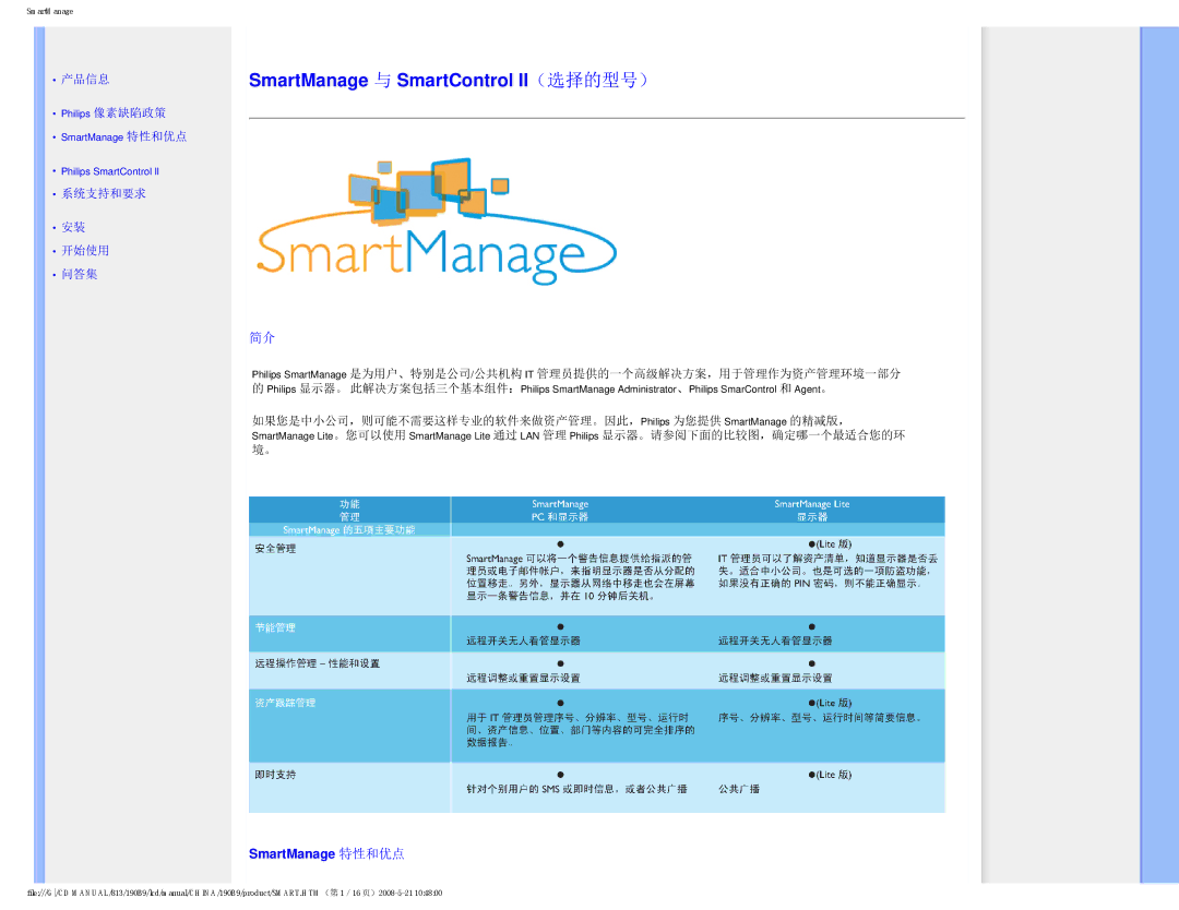 Philips 190B9 user manual SmartManage 与 SmartControl II（选择的型号） 