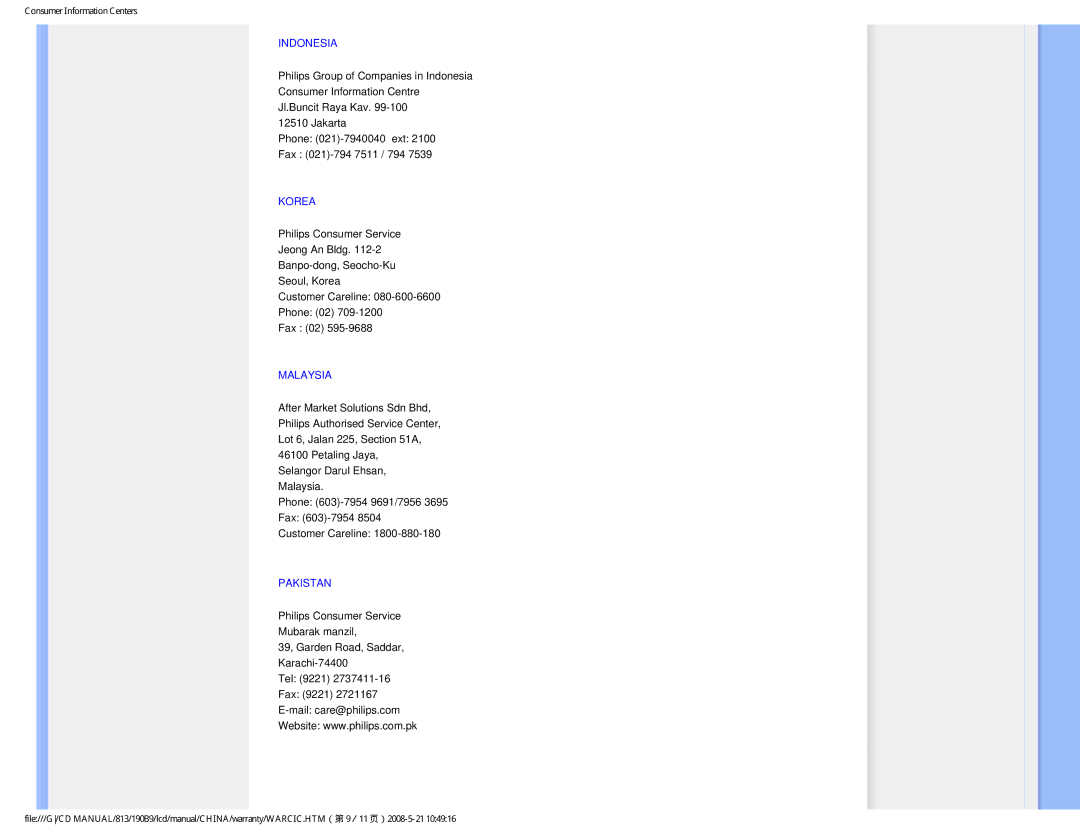 Philips 190B9 user manual Indonesia, Korea, Malaysia, Pakistan 