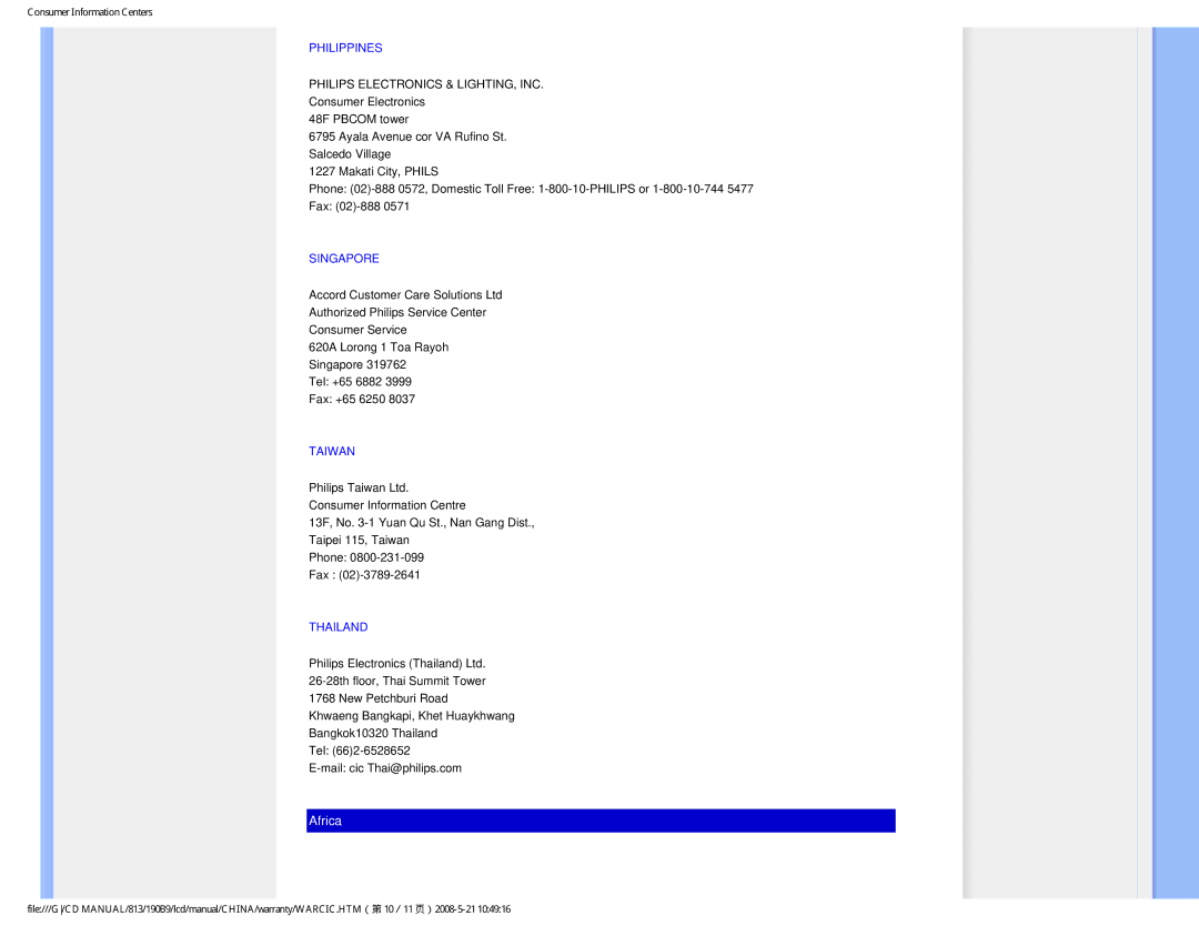 Philips 190B9 user manual Philippines, Singapore, Taiwan, Thailand 