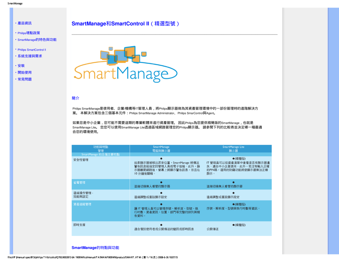 Philips 190BW9 user manual SmartManage和SmartControl II（精選型號）, SmartManage的特點與功能, 產品資訊, Philips壞點政策 SmartManage的特色與功能 