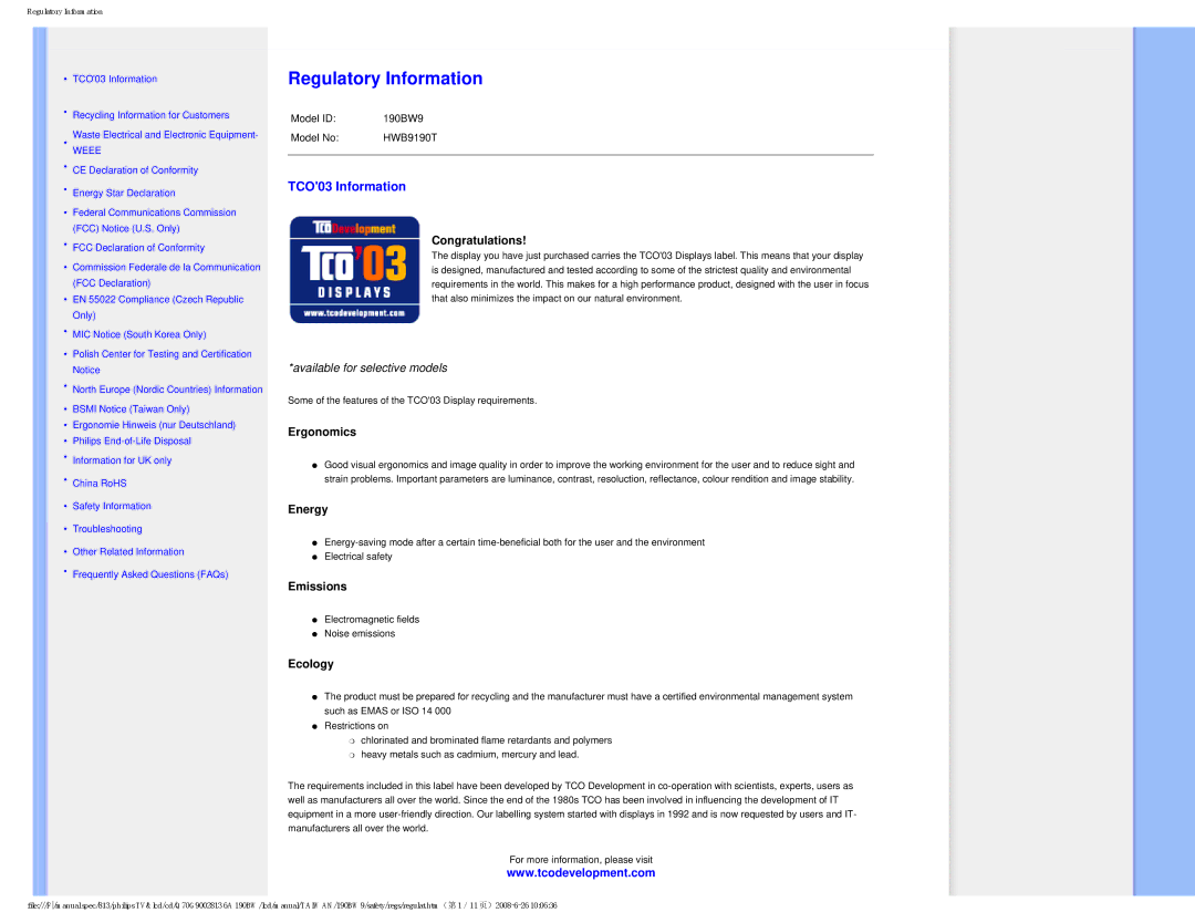 Philips 190BW9 user manual Regulatory Information, TCO03 Information 