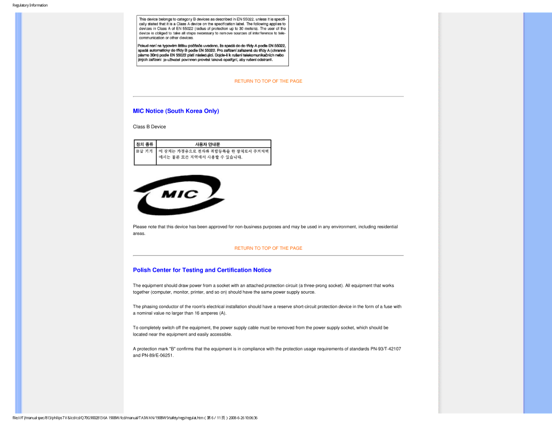 Philips 190BW9 user manual MIC Notice South Korea Only, Polish Center for Testing and Certification Notice 