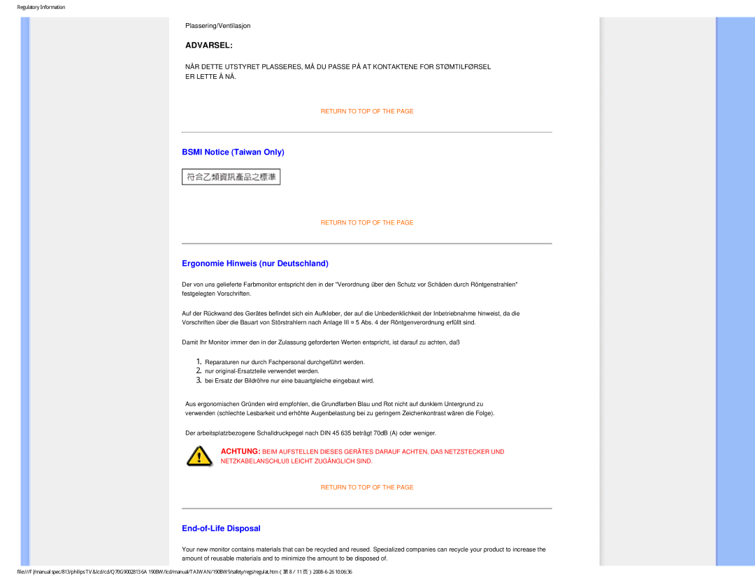 Philips 190BW9 user manual Bsmi Notice Taiwan Only, Ergonomie Hinweis nur Deutschland, End-of-Life Disposal 