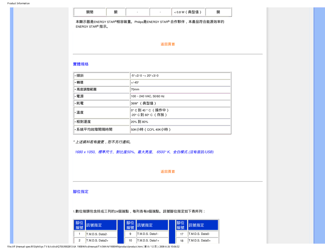 Philips 190BW9 user manual 訊號指定 