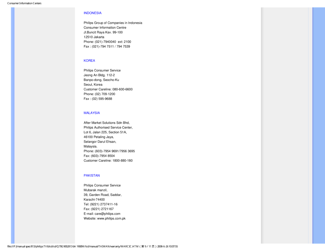 Philips 190BW9 user manual Indonesia, Korea, Malaysia, Pakistan 