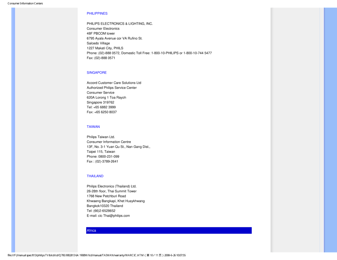 Philips 190BW9 user manual Philippines, Singapore, Taiwan, Thailand 