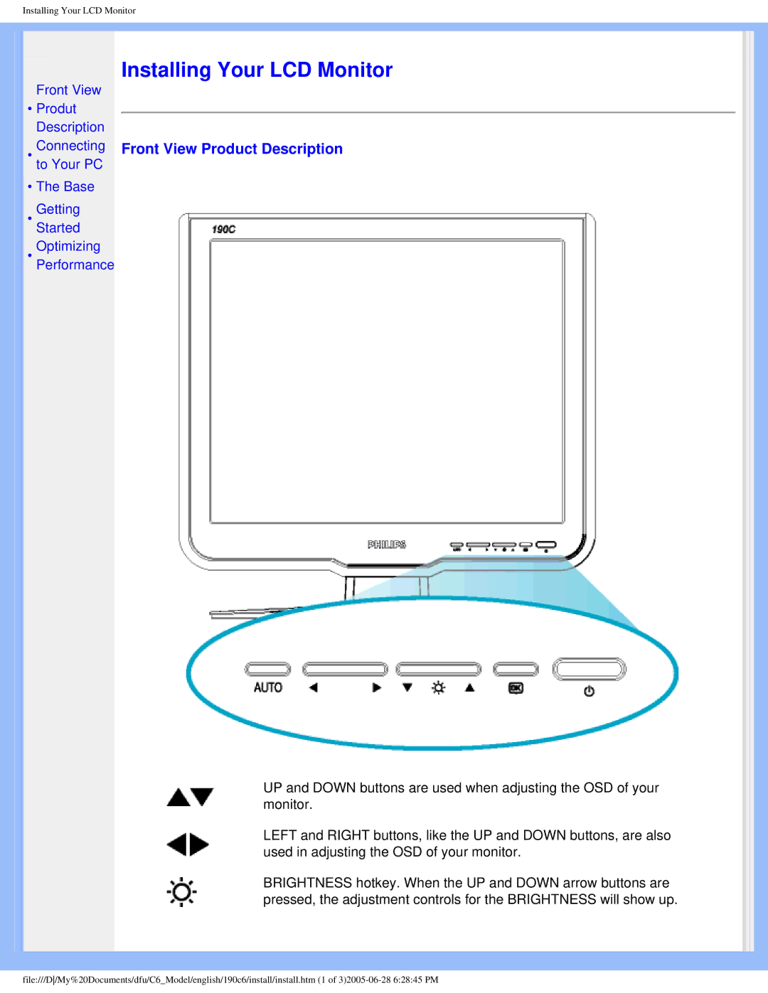 Philips 190C6 user manual Installing Your LCD Monitor, Front View Product Description 