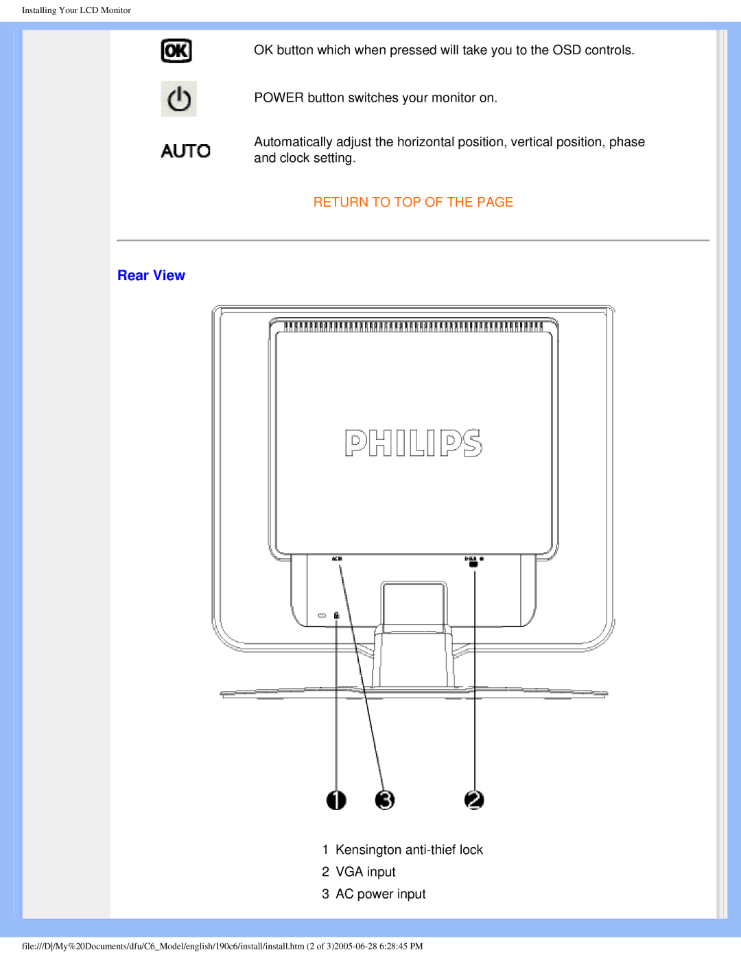 Philips 190C6 user manual Rear View, Kensington anti-thief lock VGA input AC power input 