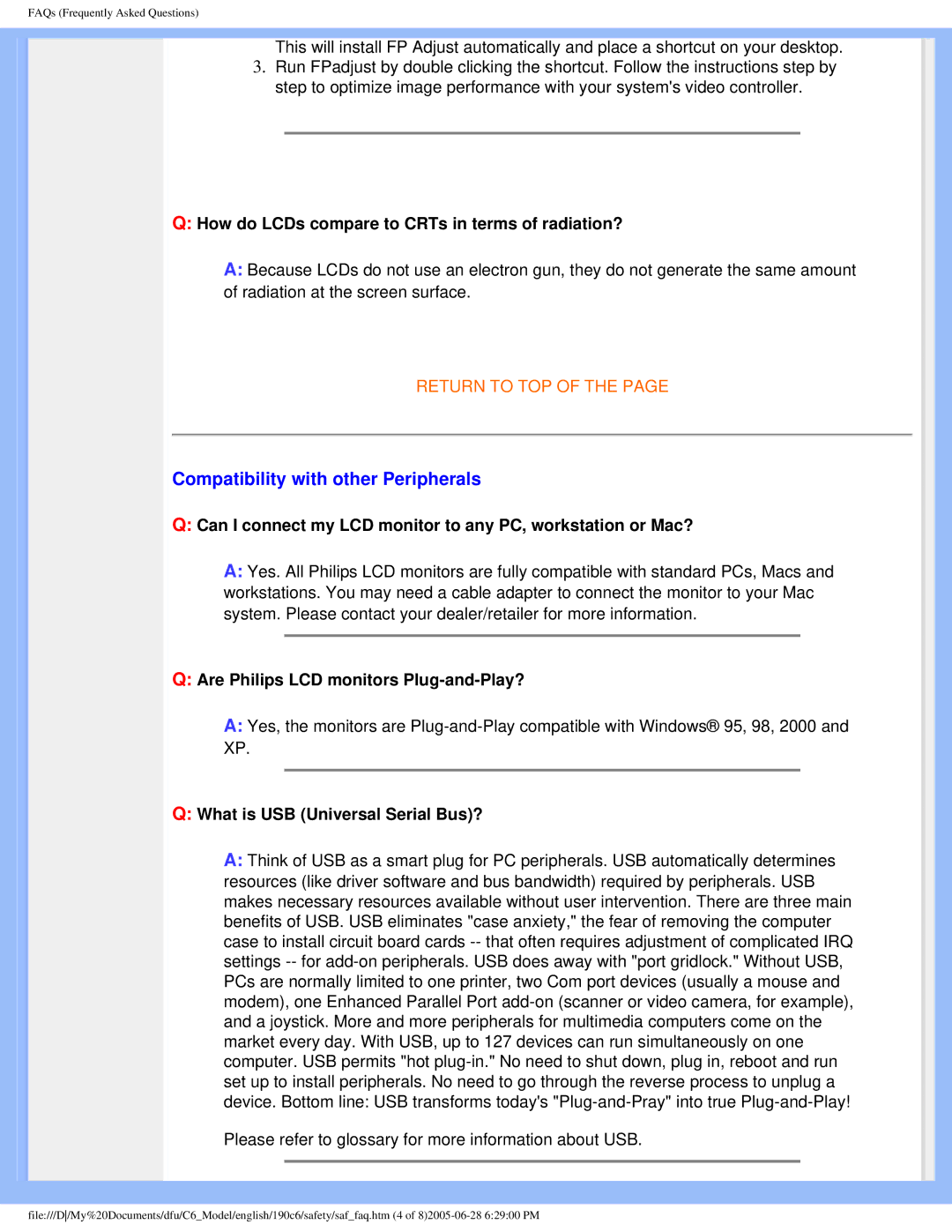 Philips 190C6 user manual Compatibility with other Peripherals, How do LCDs compare to CRTs in terms of radiation? 