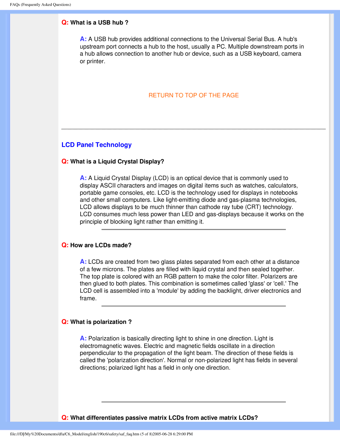 Philips 190C6 user manual LCD Panel Technology, What is a USB hub ?, What is a Liquid Crystal Display?, How are LCDs made? 