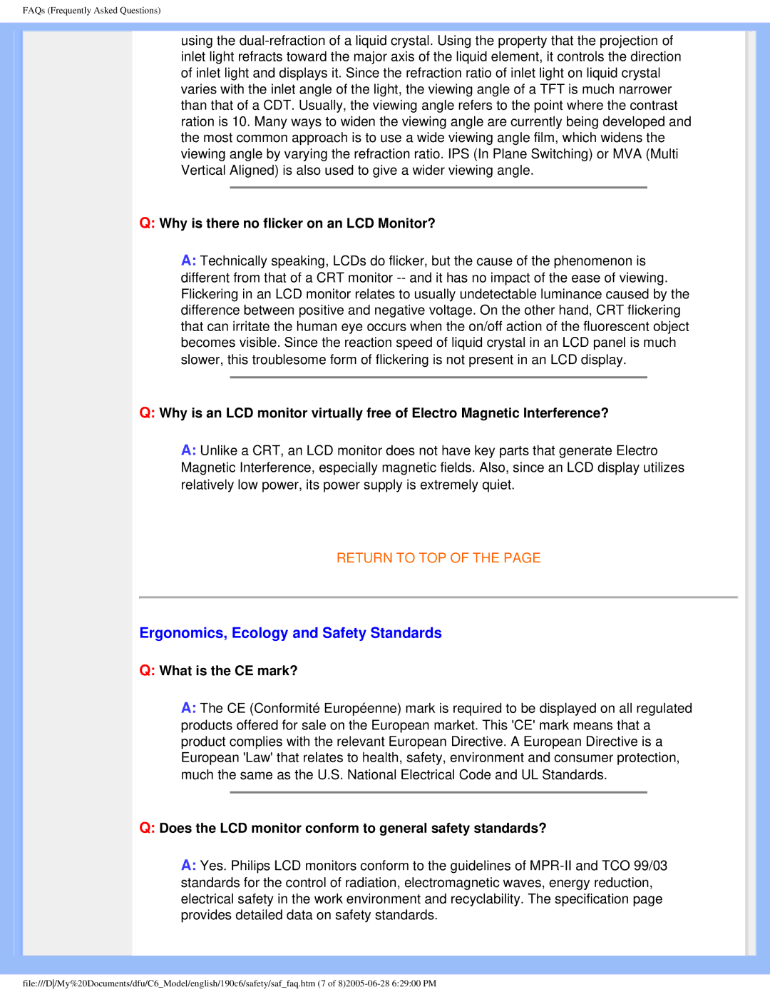 Philips 190C6 Ergonomics, Ecology and Safety Standards, Why is there no flicker on an LCD Monitor?, What is the CE mark? 