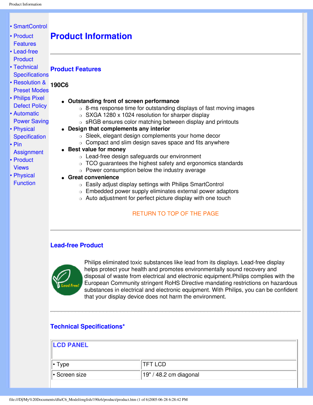 Philips 190C6 user manual Product Features, Lead-free Product, Technical Specifications 