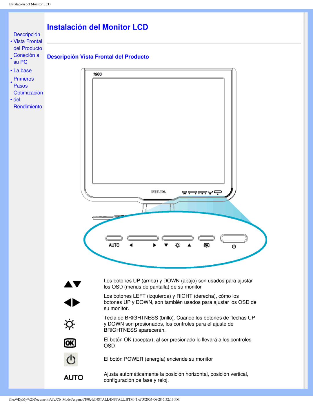 Philips 190C6 user manual Instalación del Monitor LCD 