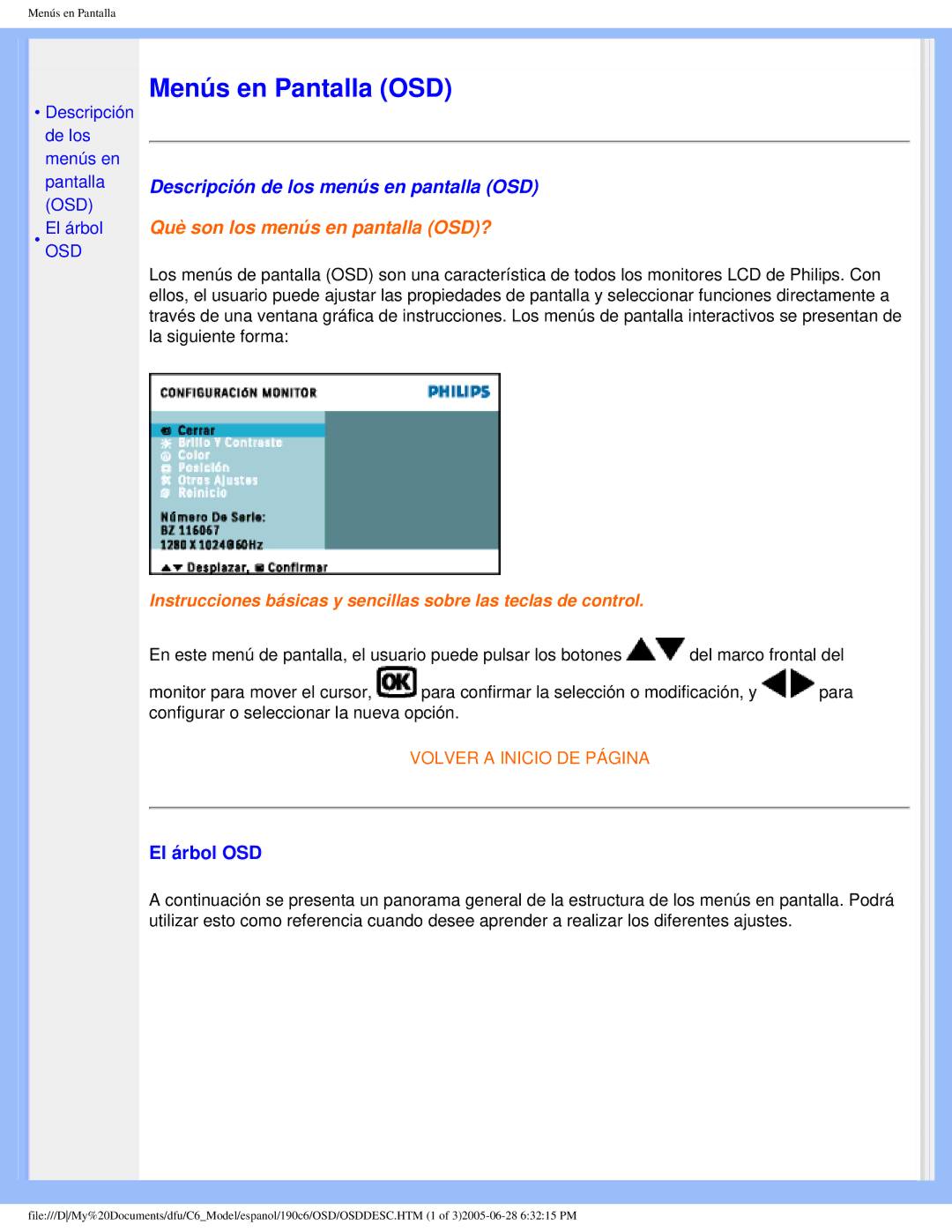 Philips 190C6 user manual Menús en Pantalla OSD, El árbol OSD 