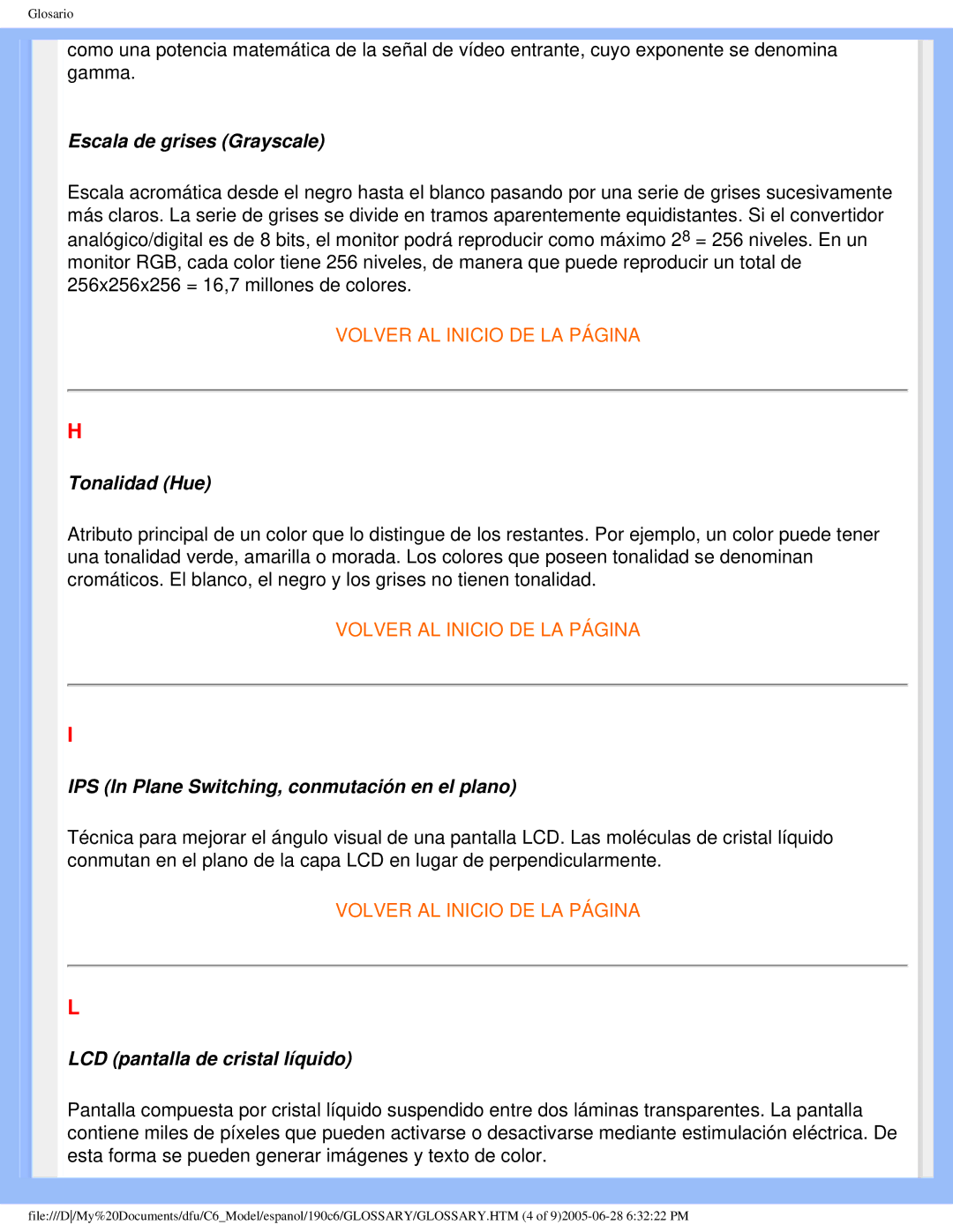 Philips 190C6 user manual Escala de grises Grayscale, Tonalidad Hue, IPS In Plane Switching, conmutación en el plano 