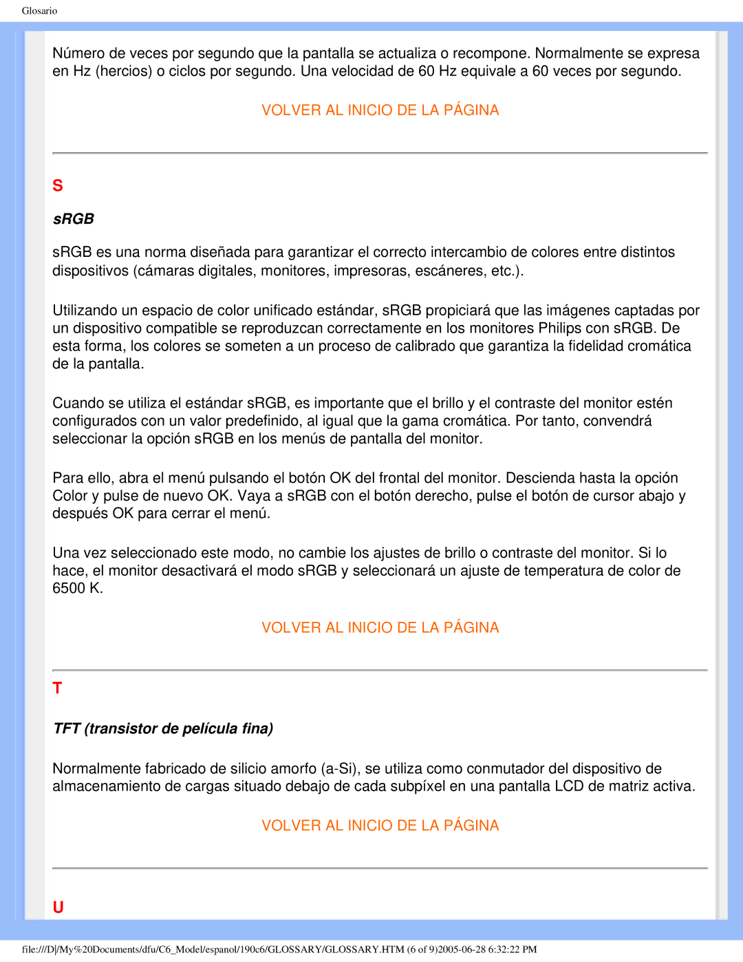 Philips 190C6 user manual Srgb, TFT transistor de película fina 