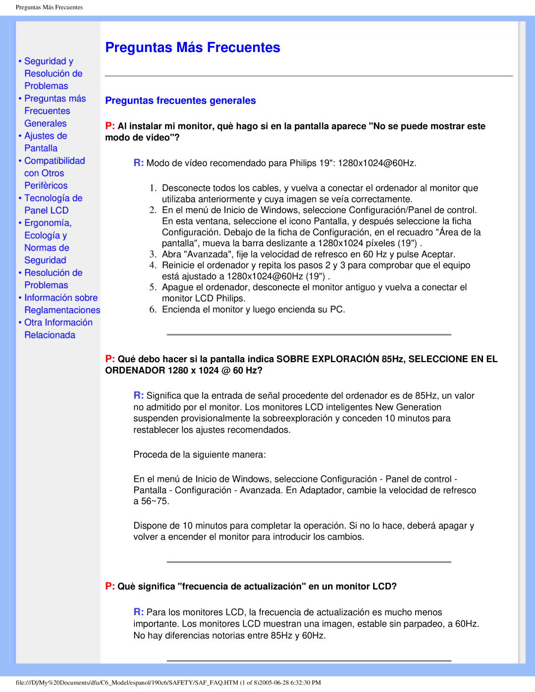 Philips 190C6 user manual Preguntas frecuentes generales, Què significa frecuencia de actualización en un monitor LCD? 