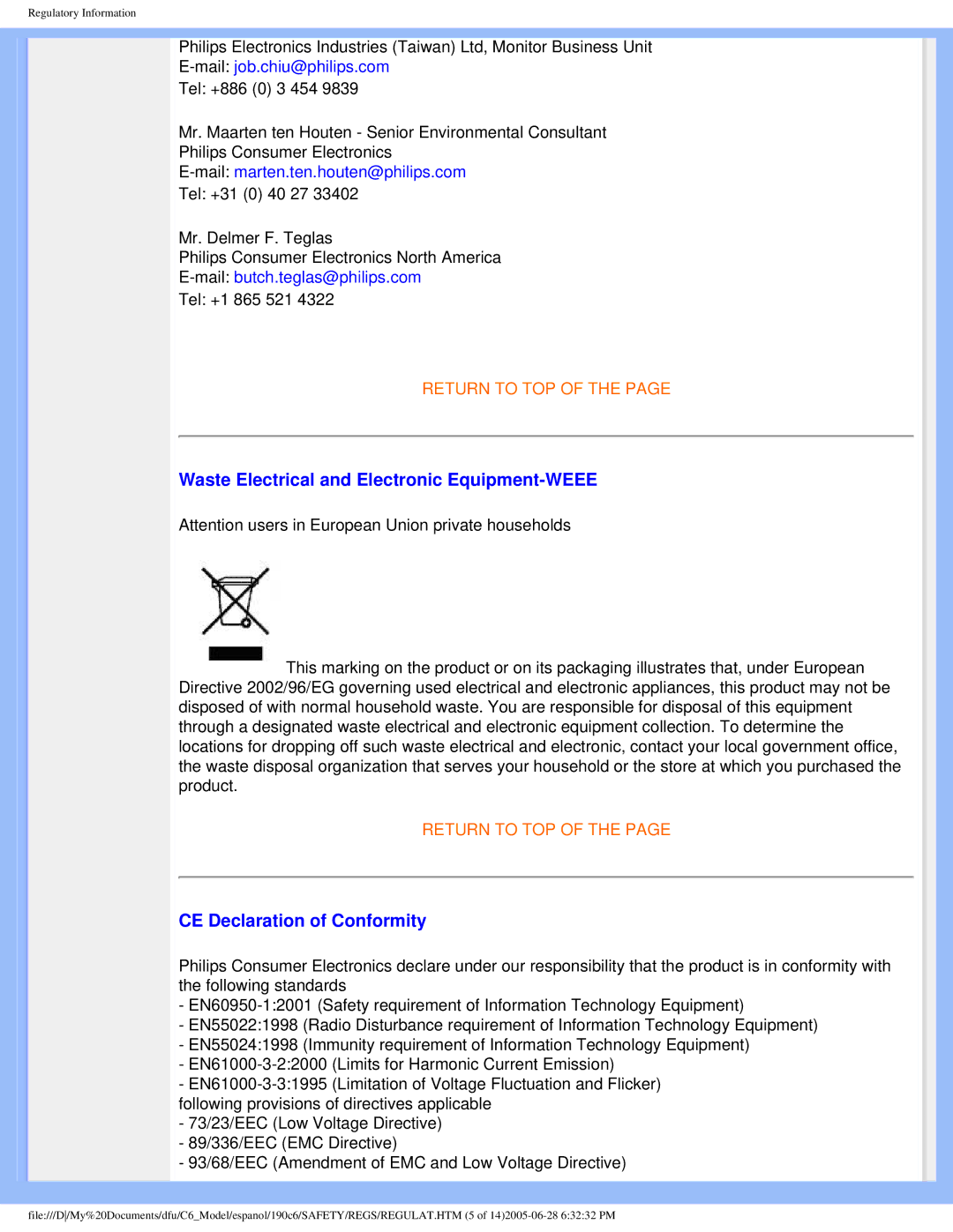 Philips 190C6 user manual Waste Electrical and Electronic Equipment-WEEE, CE Declaration of Conformity 