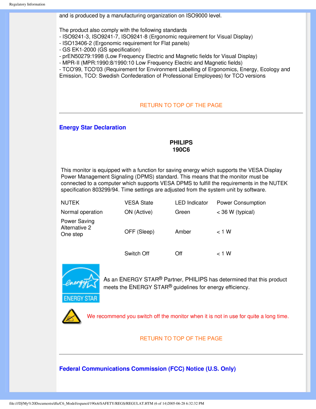 Philips 190C6 user manual Energy Star Declaration, Federal Communications Commission FCC Notice U.S. Only 