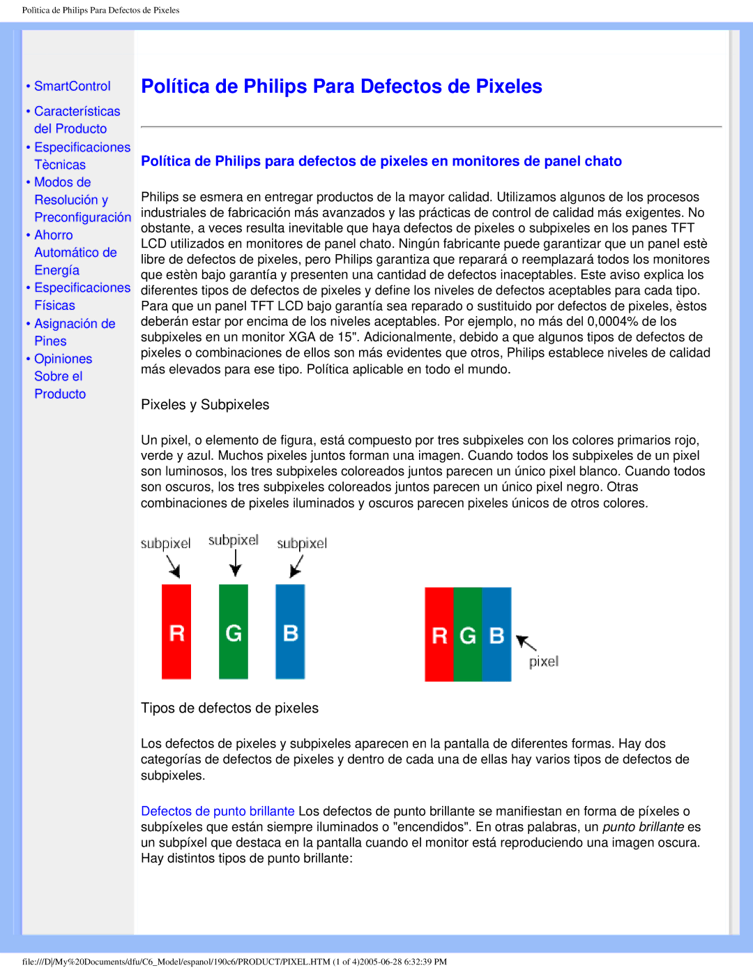 Philips 190C6 user manual Política de Philips Para Defectos de Pixeles 