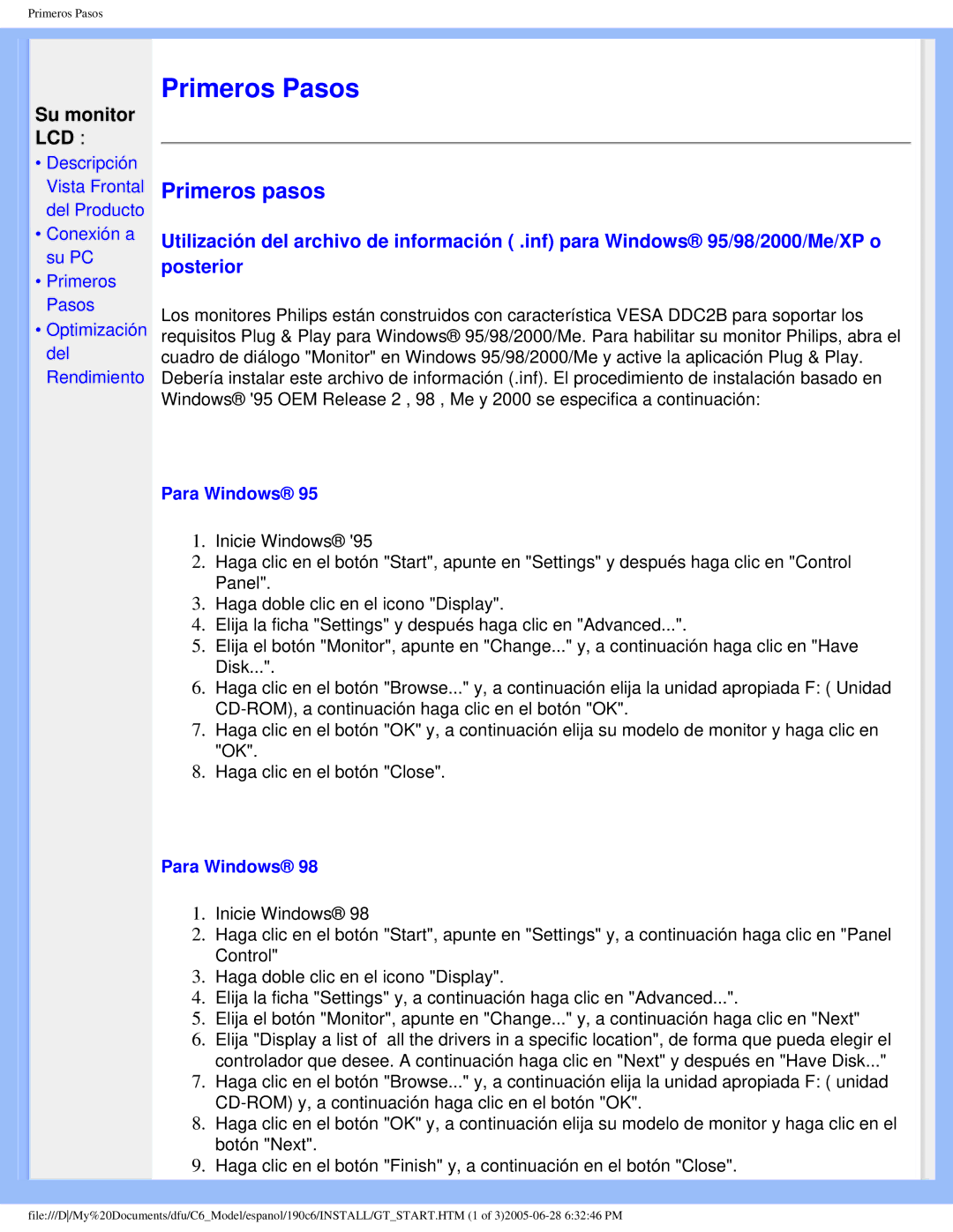 Philips 190C6 user manual Su monitor LCD, Para Windows 