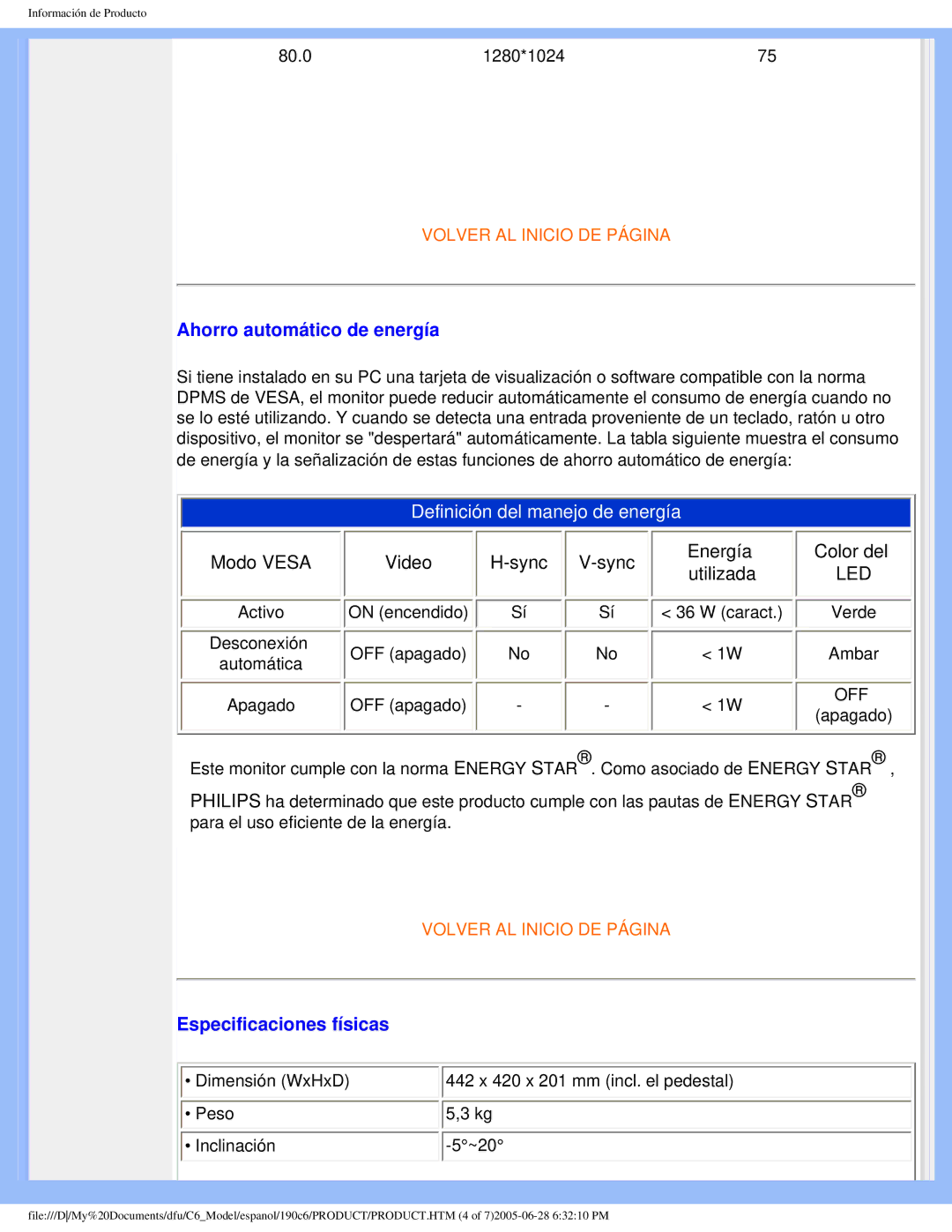 Philips 190C6 user manual Ahorro automático de energía, Especificaciones físicas 