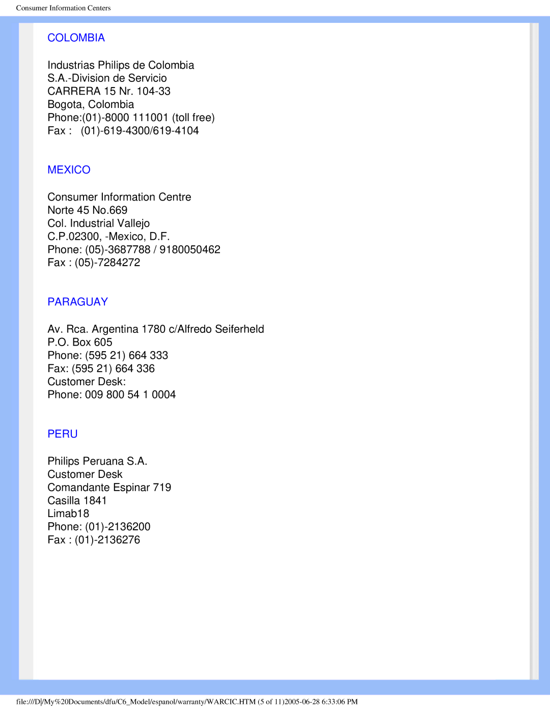 Philips 190C6 user manual Colombia, Mexico, Paraguay, Peru 