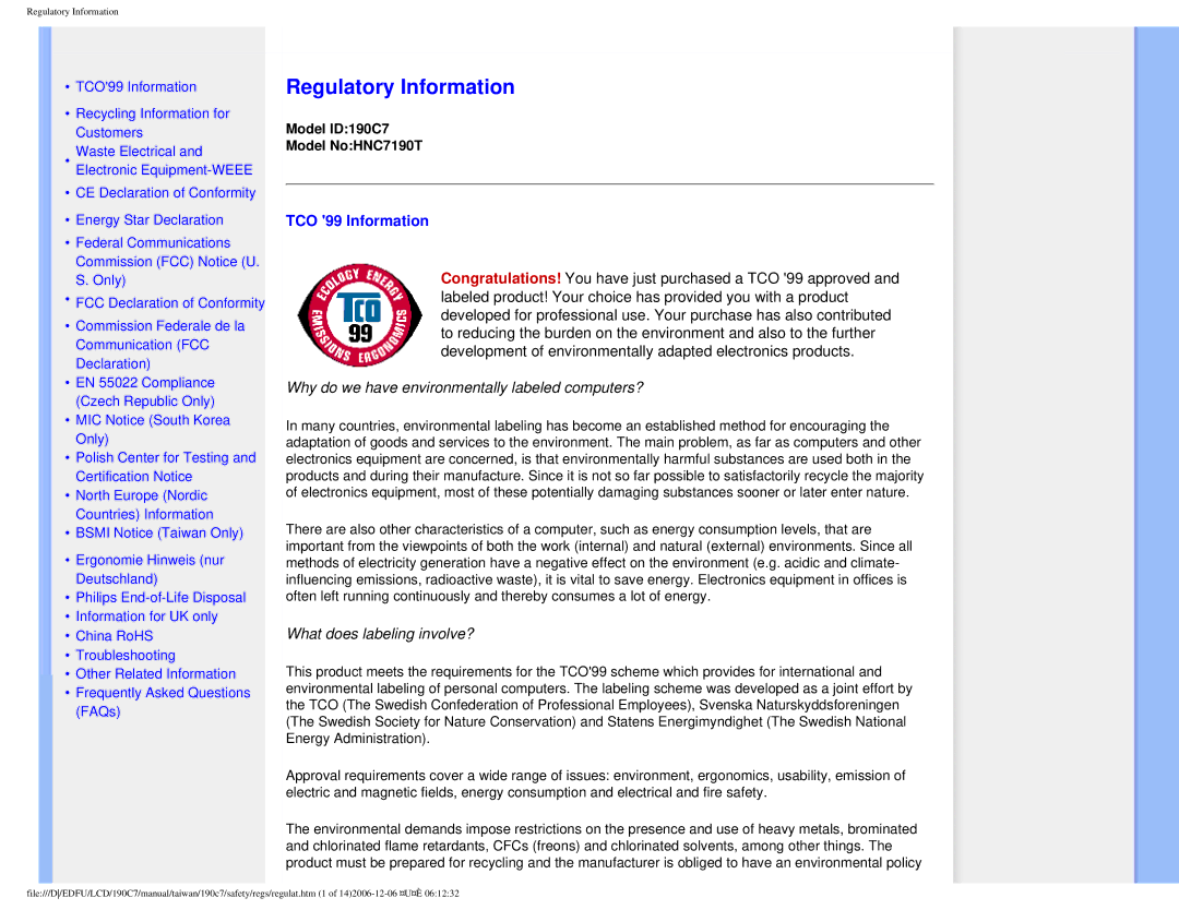 Philips 190C7 user manual Regulatory Information, TCO 99 Information 