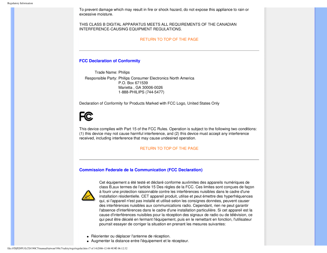 Philips 190C7 user manual FCC Declaration of Conformity, Commission Federale de la Communication FCC Declaration 