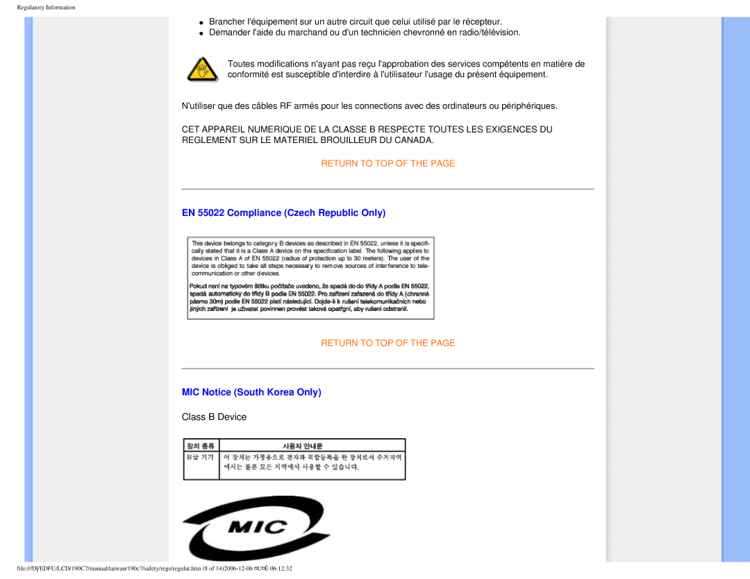 Philips 190C7 user manual EN 55022 Compliance Czech Republic Only, MIC Notice South Korea Only 