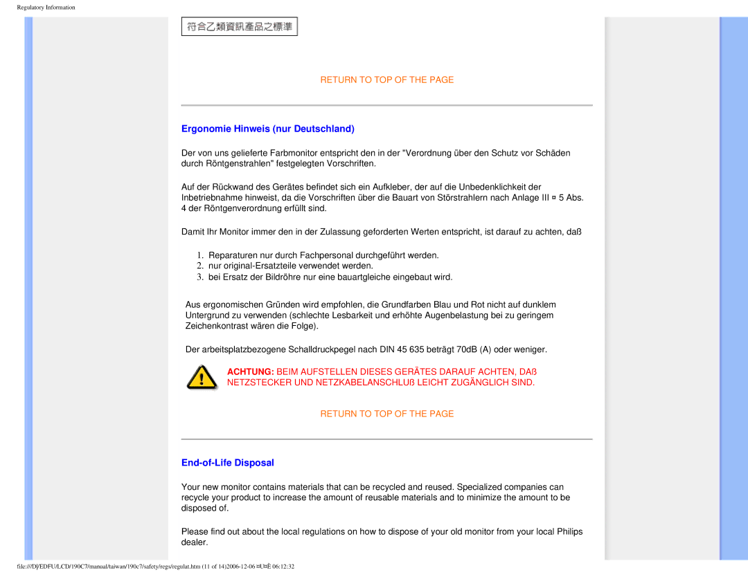 Philips 190C7 user manual Ergonomie Hinweis nur Deutschland, End-of-Life Disposal 