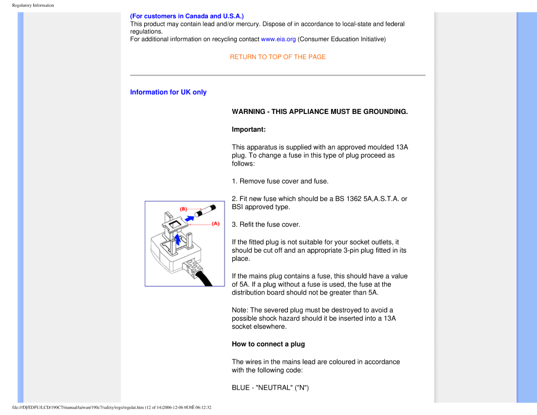 Philips 190C7 user manual Information for UK only, For customers in Canada and U.S.A 