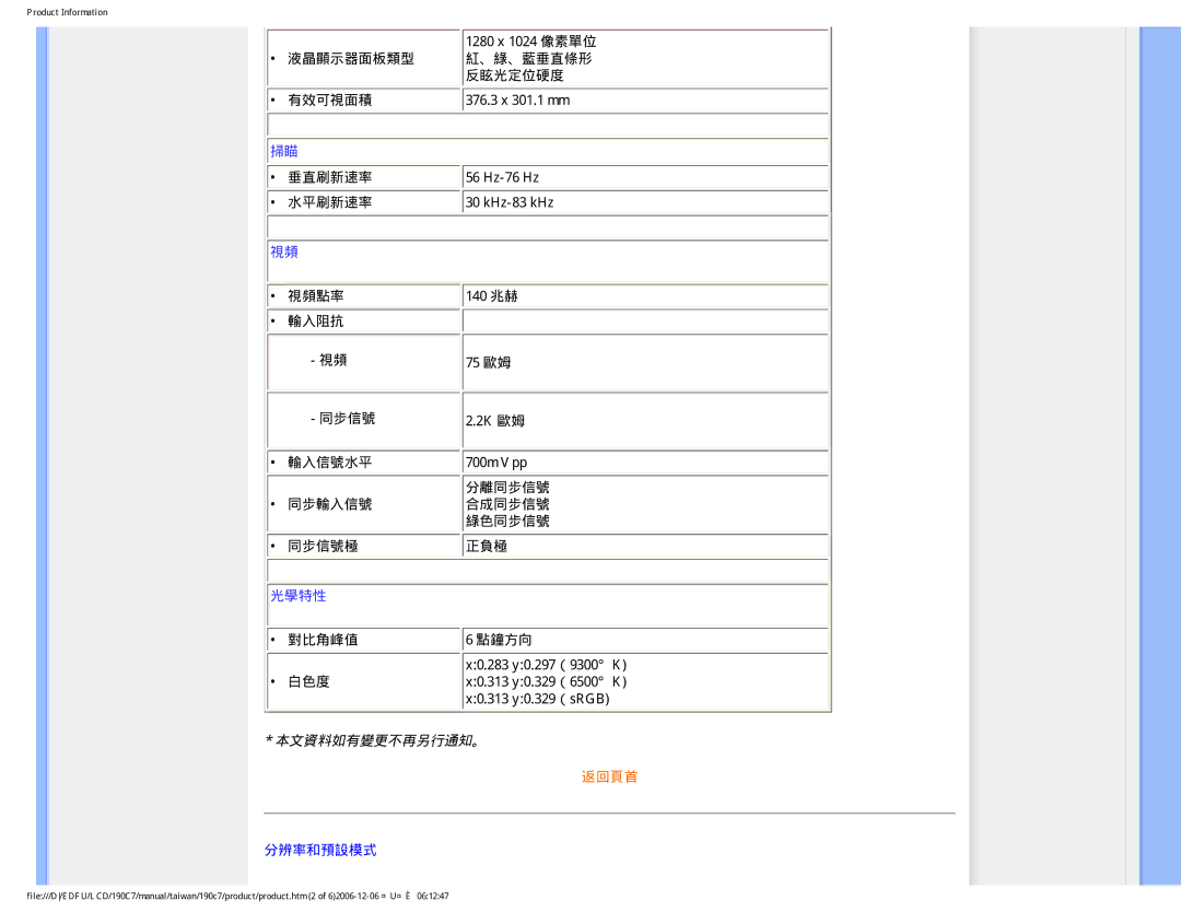 Philips 190C7 user manual 本文資料如有變更不再另行通知。 