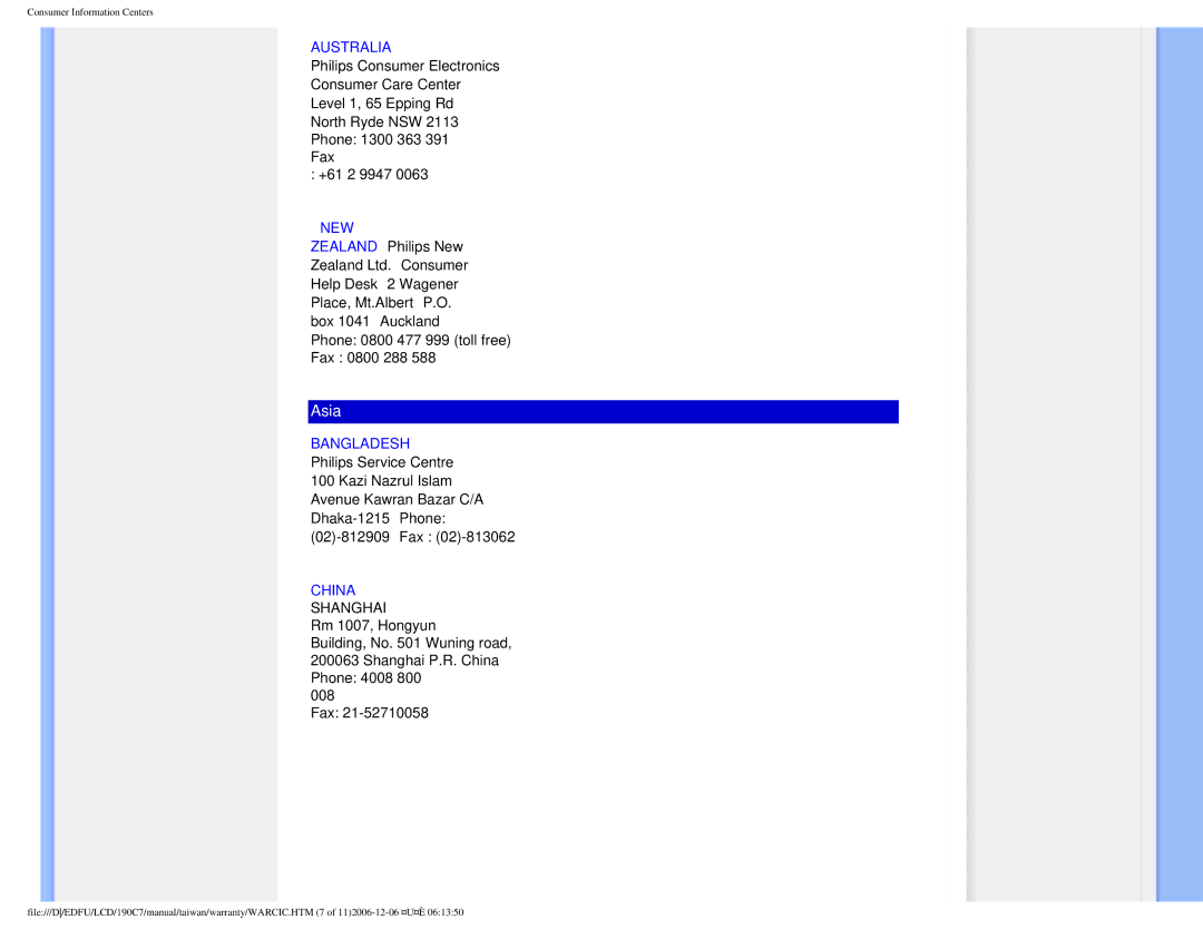 Philips 190C7 user manual Australia, New, Bangladesh, China Shanghai 