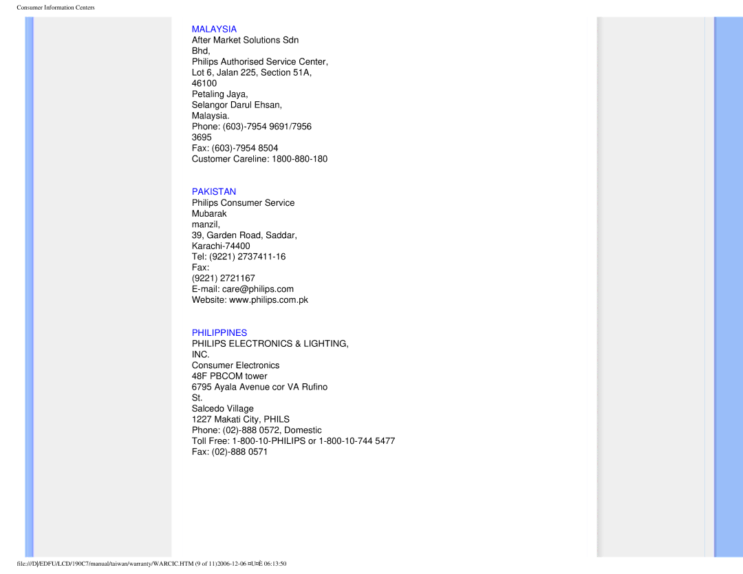 Philips 190C7 user manual Malaysia, Pakistan, Philippines 